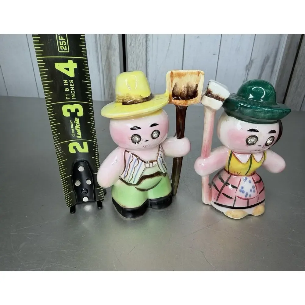 Vintage Lefton Anthropomorphic Farmer & Wife Salt & Pepper Shakers Jewel Eyes